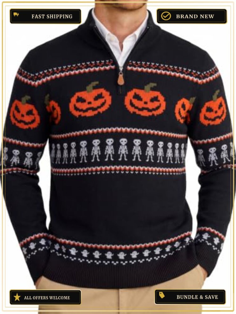 Men's Christmas Quarter Zip Knit Pullover Sweater Holiday Xmas